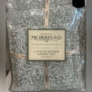 WILLIAM MORRIS & Co Green White Leaves Acorns  QUEEN SHEET SET 4 PC NEW